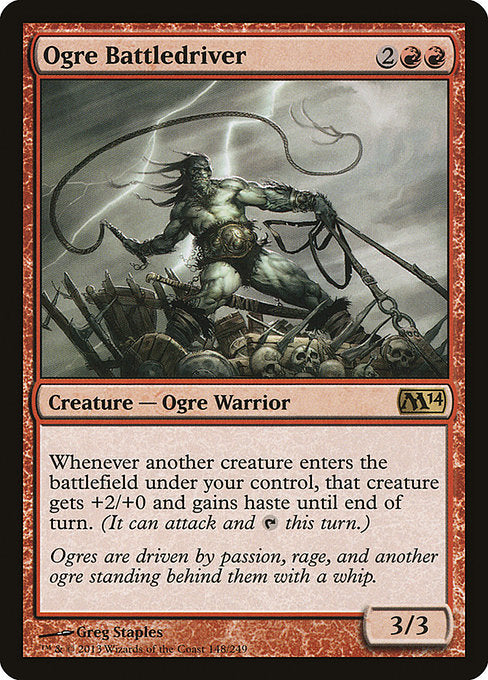 Whenever another creature enters the battlefield under your control, that creature gets +2/+0 and gains haste until end of turn. (It can attack and {T} this turn.)