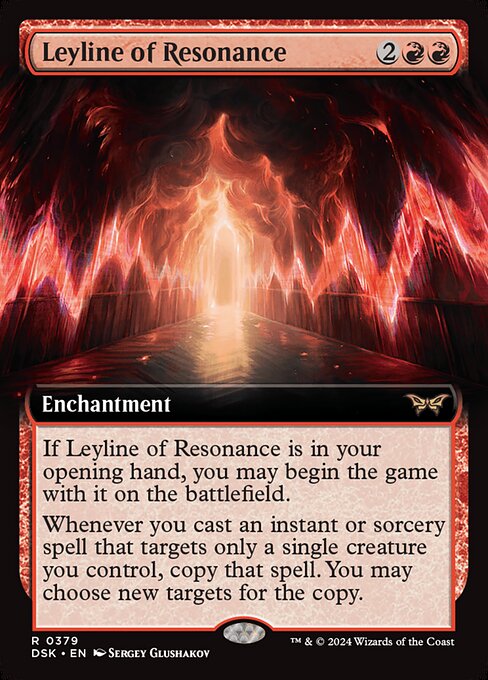 If Leyline of Resonance is in your opening hand, you may begin the game with it on the battlefield.
Whenever you cast an instant or sorcery spell that targets only a single creature you control, copy that spell. You may choose new targets for the copy.