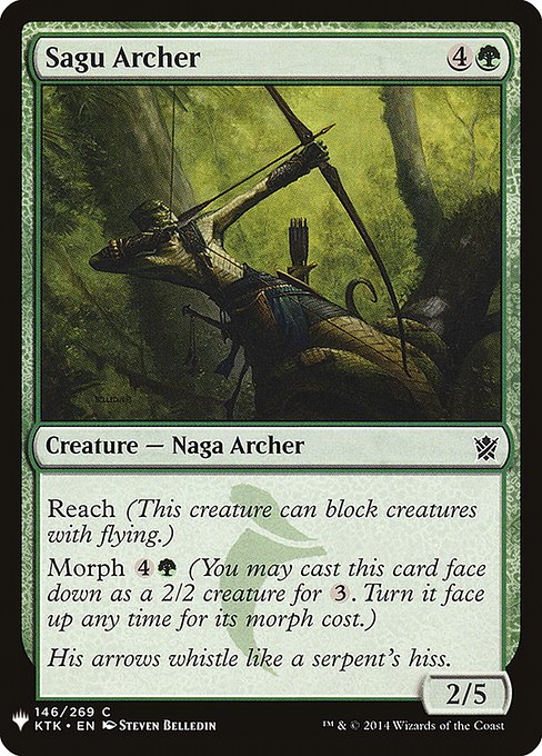 Reach (This creature can block creatures with flying.)
Morph {4}{G} (You may cast this card face down as a 2/2 creature for {3}. Turn it face up any time for its morph cost.)