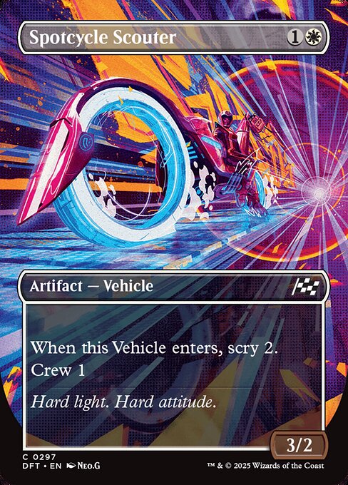 When this Vehicle enters, scry 2. (Look at the top two cards of your library, then put any number of them on the bottom and the rest on top in any order.)
Crew 1 (Tap any number of creatures you control with total power 1 or more: This Vehicle becomes an artifact creature until end of turn.)