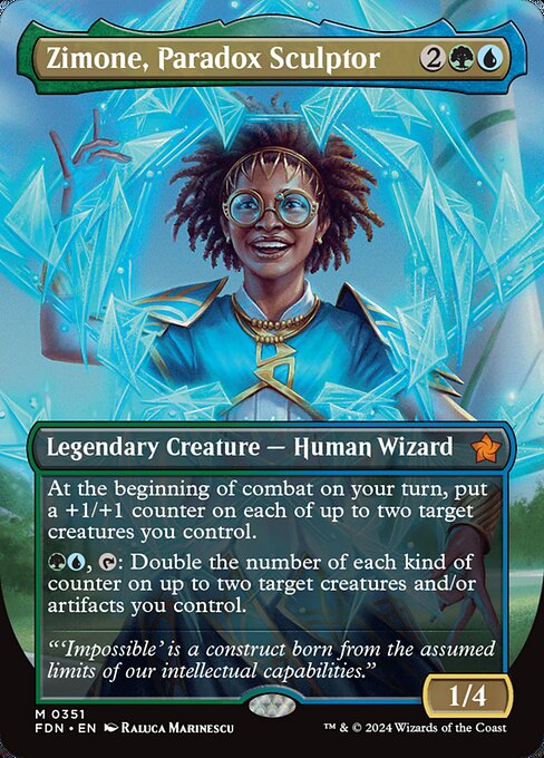 At the beginning of combat on your turn, put a +1/+1 counter on each of up to two target creatures you control.
{G}{U}, {T}: Double the number of each kind of counter on up to two target creatures and/or artifacts you control.