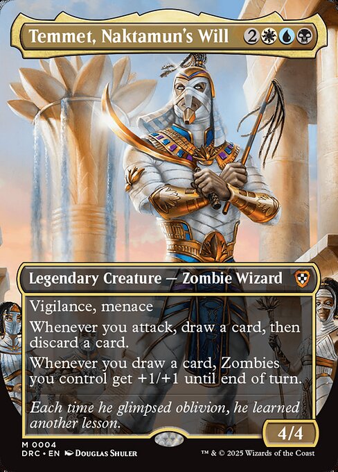Vigilance, menace
Whenever you attack, draw a card, then discard a card.
Whenever you draw a card, Zombies you control get +1/+1 until end of turn.