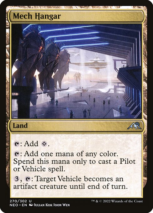 {T}: Add {C}.
{T}: Add one mana of any color. Spend this mana only to cast a Pilot or Vehicle spell.
{3}, {T}: Target Vehicle becomes an artifact creature until end of turn.