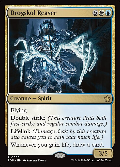 Flying
Double strike (This creature deals both first-strike and regular combat damage.)
Lifelink (Damage dealt by this creature also causes you to gain that much life.)
Whenever you gain life, draw a card.