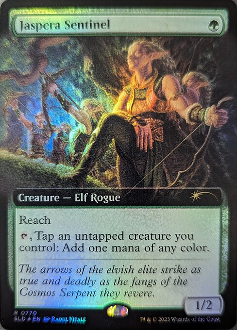 Reach
{T}, Tap an untapped creature you control: Add one mana of any color.