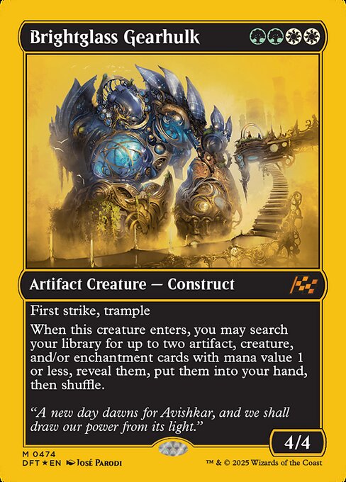 First strike, trample
When this creature enters, you may search your library for up to two artifact, creature, and/or enchantment cards with mana value 1 or less, reveal them, put them into your hand, then shuffle.