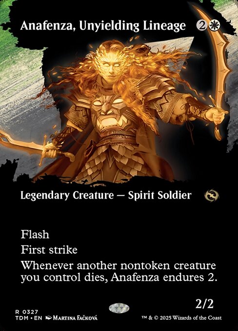 Flash
First strike
Whenever another nontoken creature you control dies, Anafenza endures 2. (Put two +1/+1 counters on it or create a 2/2 white Spirit creature token.)