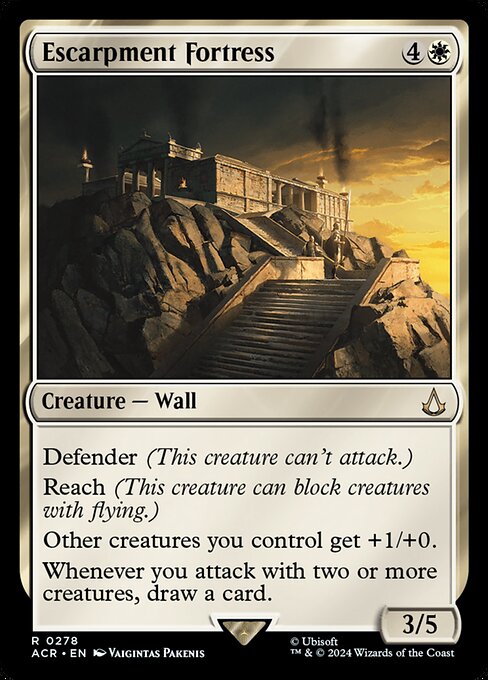 Defender (This creature can't attack.)
Reach (This creature can block creatures with flying.)
Other creatures you control get +1/+0.
Whenever you attack with two or more creatures, draw a card.