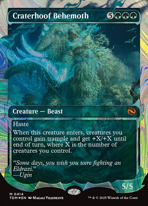 Haste
When this creature enters, creatures you control gain trample and get +X/+X until end of turn, where X is the number of creatures you control.