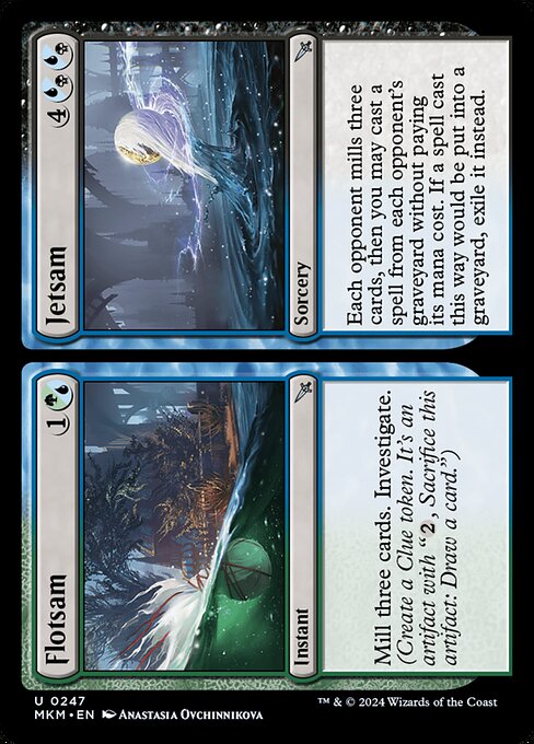 Mill three cards. Investigate. (Create a Clue token. It's an artifact with "{2}, Sacrifice this artifact: Draw a card.")   Each opponent mills three cards, then you may cast a spell from each opponent's graveyard without paying its mana cost. If a spell cast this way would be put into a graveyard, exile it instead.