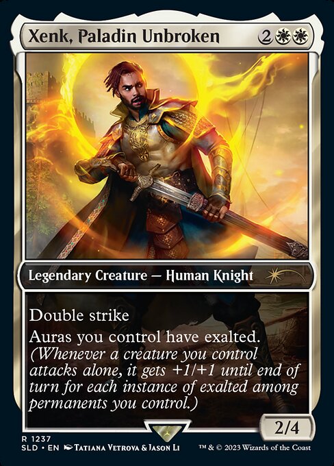 Double strike
Auras you control have exalted. (Whenever a creature you control attacks alone, it gets +1/+1 until end of turn for each instance of exalted among permanents you control.)