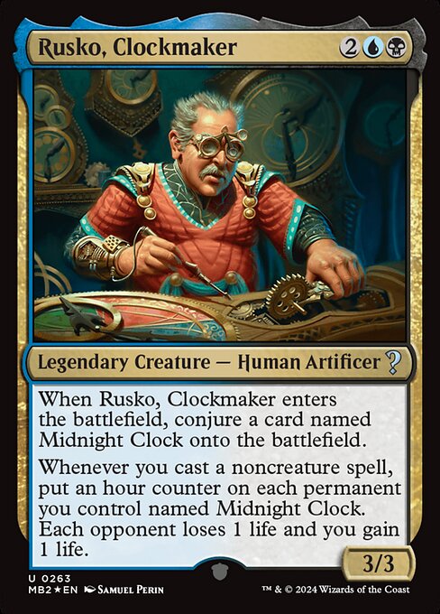 When Rusko, Clockmaker enters, conjure a card named Midnight Clock onto the battlefield.
Whenever you cast a noncreature spell, put an hour counter on each permanent you control named Midnight Clock. Each opponent loses 1 life and you gain 1 life.