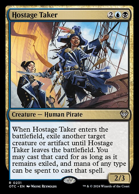 When Hostage Taker enters the battlefield, exile another target creature or artifact until Hostage Taker leaves the battlefield. You may cast that card for as long as it remains exiled, and mana of any type can be spent to cast that spell.