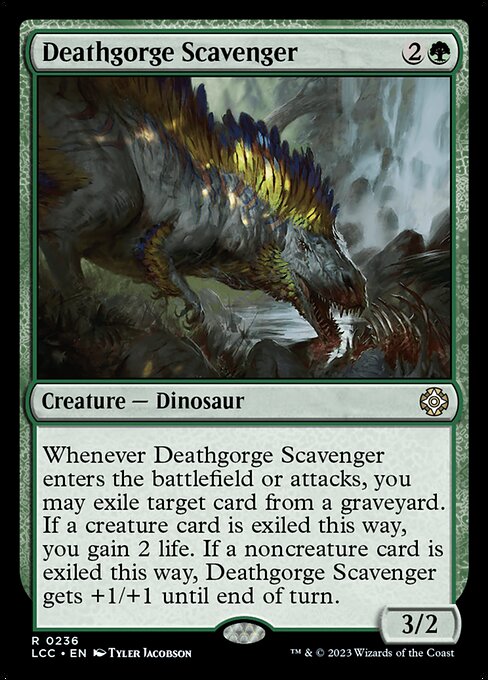 Whenever this creature enters or attacks, you may exile target card from a graveyard. If a creature card is exiled this way, you gain 2 life. If a noncreature card is exiled this way, this creature gets +1/+1 until end of turn.