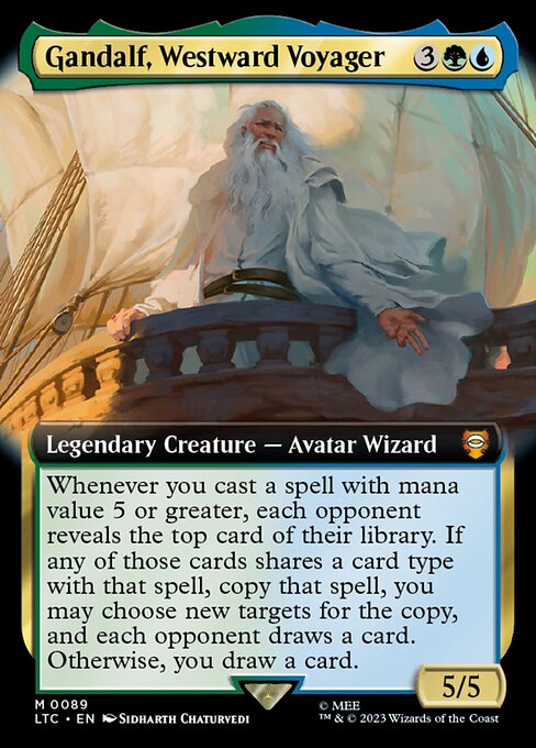 Whenever you cast a spell with mana value 5 or greater, each opponent reveals the top card of their library. If any of those cards shares a card type with that spell, copy that spell, you may choose new targets for the copy, and each opponent draws a card. Otherwise, you draw a card. (A copy of a permanent spell becomes a token.)