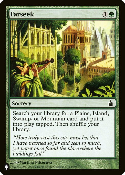 Search your library for a Plains, Island, Swamp, or Mountain card, put it onto the battlefield tapped, then shuffle.