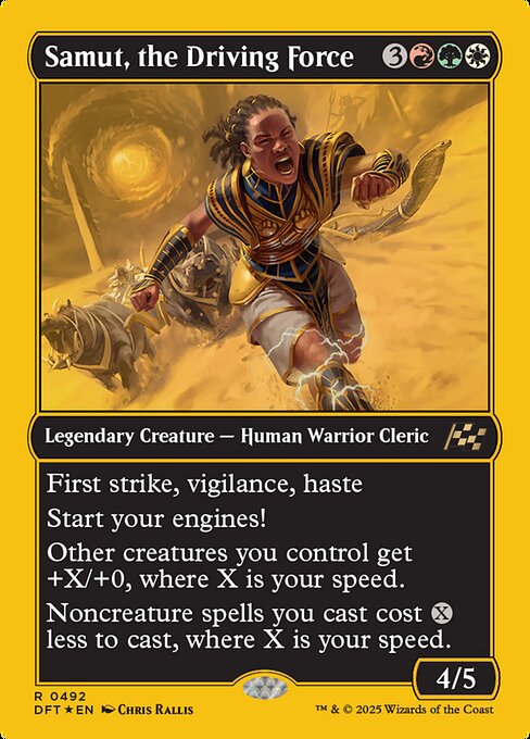 First strike, vigilance, haste
Start your engines! (If you have no speed, it starts at 1. It increases once on each of your turns when an opponent loses life. Max speed is 4.)
Other creatures you control get +X/+0, where X is your speed.
Noncreature spells you cast cost {X} less to cast, where X is your speed.