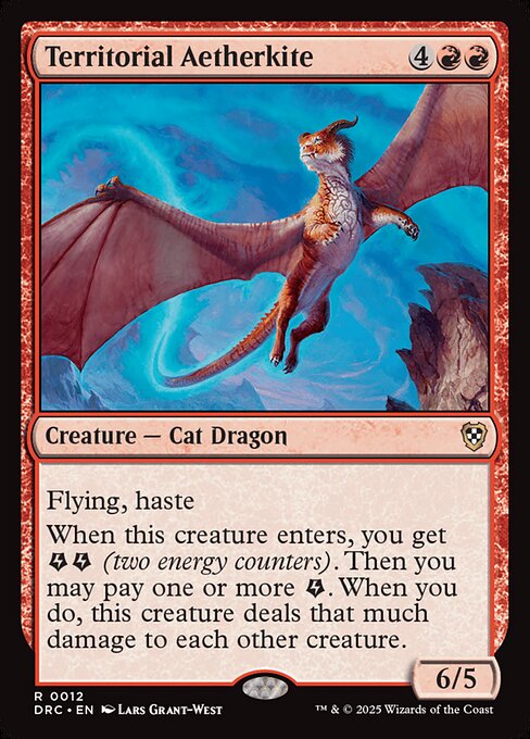 Flying, haste
When this creature enters, you get {E}{E} (two energy counters). Then you may pay one or more {E}. When you do, this creature deals that much damage to each other creature.