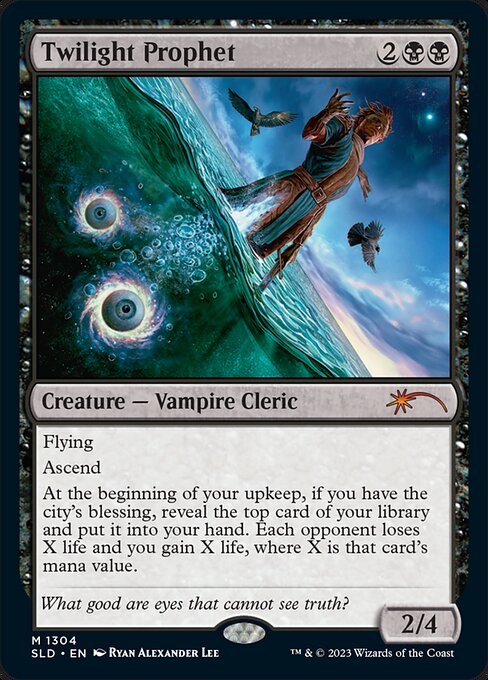 Flying
Ascend (If you control ten or more permanents, you get the city's blessing for the rest of the game.)
At the beginning of your upkeep, if you have the city's blessing, reveal the top card of your library and put it into your hand. Each opponent loses X life and you gain X life, where X is that card's mana value.