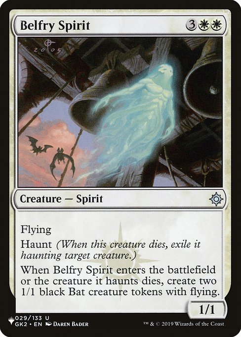 Flying
Haunt (When this creature dies, exile it haunting target creature.)
When Belfry Spirit enters or the creature it haunts dies, create two 1/1 black Bat creature tokens with flying.