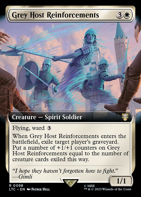 Flying, ward {3}
When Grey Host Reinforcements enters the battlefield, exile target player's graveyard. Put a number of +1/+1 counters on Grey Host Reinforcements equal to the number of creature cards exiled this way.
