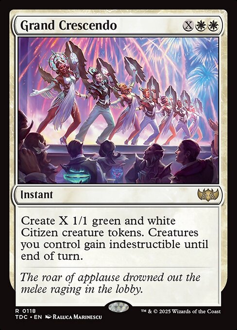 Create X 1/1 green and white Citizen creature tokens. Creatures you control gain indestructible until end of turn.