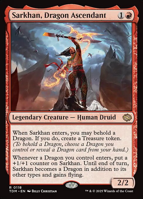 When Sarkhan enters, you may behold a Dragon. If you do, create a Treasure token. (To behold a Dragon, choose a Dragon you control or reveal a Dragon card from your hand.)
Whenever a Dragon you control enters, put a +1/+1 counter on Sarkhan. Until end of turn, Sarkhan becomes a Dragon in addition to its other types and gains flying.