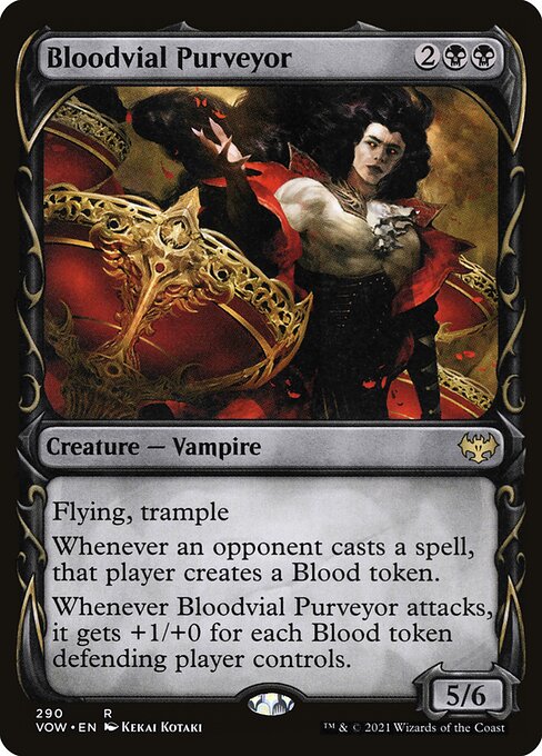 Flying, trample
Whenever an opponent casts a spell, that player creates a Blood token. (It's an artifact with "{1}, {T}, Discard a card, Sacrifice this artifact: Draw a card.")
Whenever Bloodvial Purveyor attacks, it gets +1/+0 until end of turn for each Blood token defending player controls.