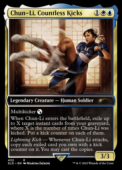 Multikicker {W/U}
When Zethi, Arcane Blademaster enters the battlefield, exile up to X target instant cards from your graveyard, where X is the number of times Zethi was kicked. Put a kick counter on each of them.
Whenever Zethi attacks, copy each exiled card you own with a kick counter on it. You may cast the copies.