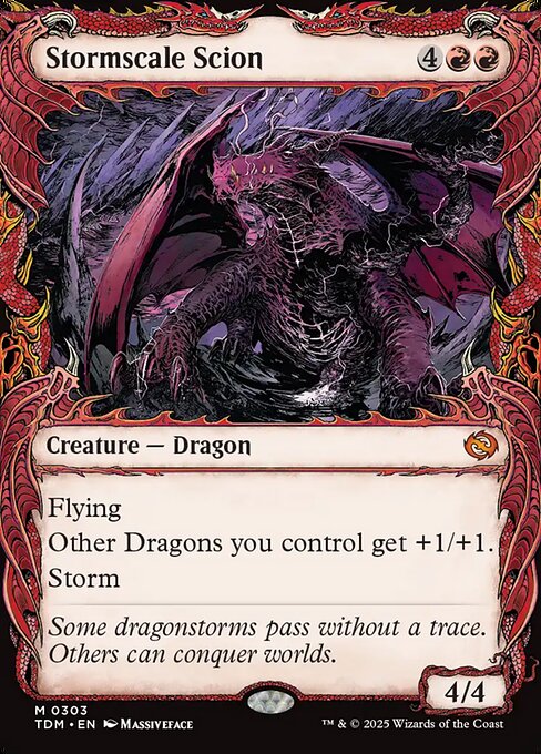 Flying
Other Dragons you control get +1/+1.
Storm (When you cast this spell, copy it for each spell cast before it this turn. Copies become tokens.)
