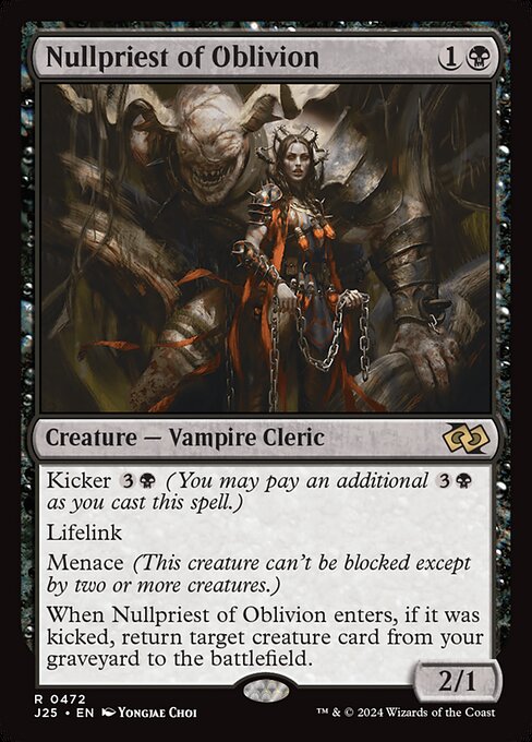 Kicker {3}{B} (You may pay an additional {3}{B} as you cast this spell.)
Lifelink
Menace (This creature can't be blocked except by two or more creatures.)
When this creature enters, if it was kicked, return target creature card from your graveyard to the battlefield.