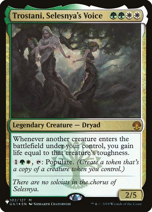 Whenever another creature you control enters, you gain life equal to that creature's toughness.
{1}{G}{W}, {T}: Populate. (Create a token that's a copy of a creature token you control.)