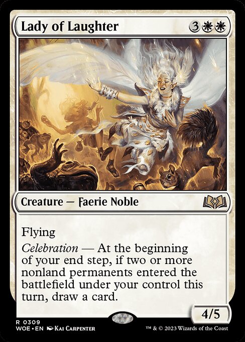 Flying
Celebration — At the beginning of your end step, if two or more nonland permanents entered the battlefield under your control this turn, draw a card.