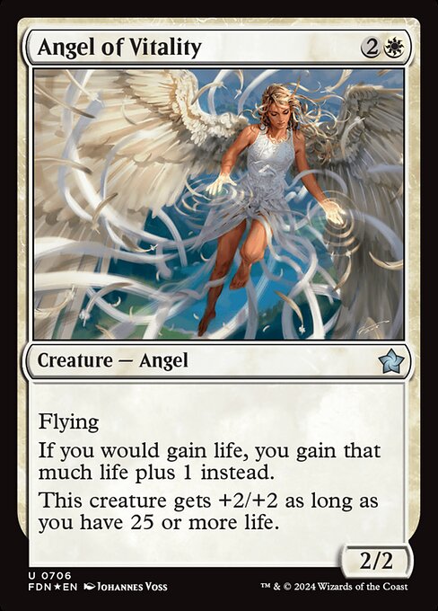 Flying
If you would gain life, you gain that much life plus 1 instead.
This creature gets +2/+2 as long as you have 25 or more life.