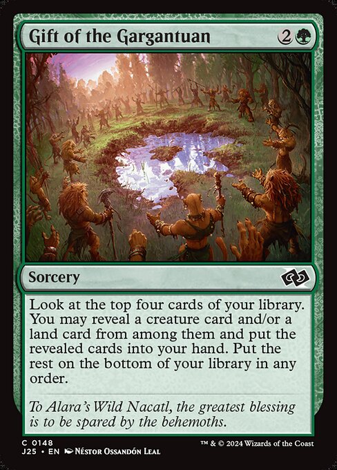 Look at the top four cards of your library. You may reveal a creature card and/or a land card from among them and put the revealed cards into your hand. Put the rest on the bottom of your library in any order.