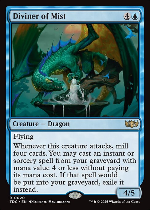 Flying
Whenever this creature attacks, mill four cards. You may cast an instant or sorcery spell from your graveyard with mana value 4 or less without paying its mana cost. If that spell would be put into your graveyard, exile it instead.