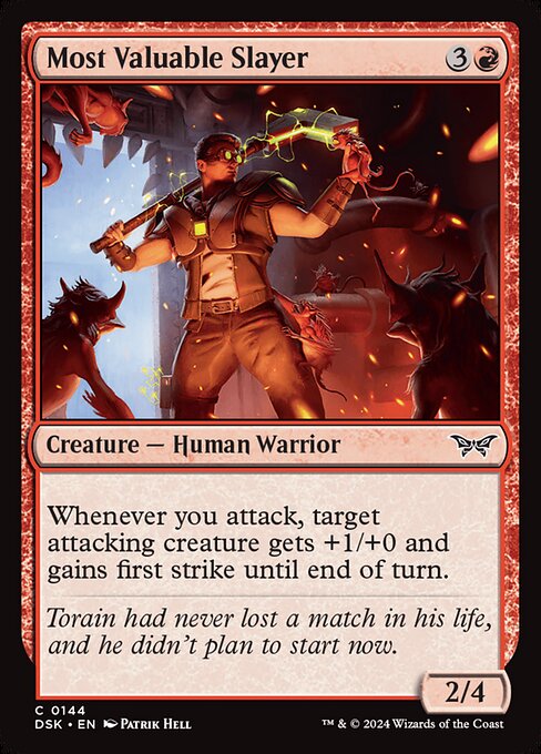 Whenever you attack, target attacking creature gets +1/+0 and gains first strike until end of turn.