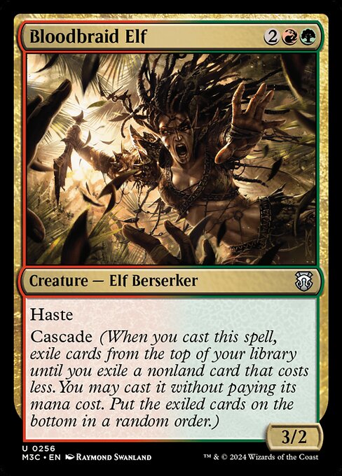Haste
Cascade (When you cast this spell, exile cards from the top of your library until you exile a nonland card that costs less. You may cast it without paying its mana cost. Put the exiled cards on the bottom in a random order.)