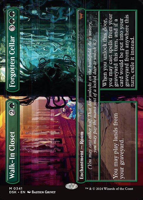You may play lands from your graveyard.
(You may cast either half. That door unlocks on the battlefield. As a sorcery, you may pay the mana cost of a locked door to unlock it.)   When you unlock this door, you may cast spells from your graveyard this turn, and if a card would be put into your graveyard from anywhere this turn, exile it instead.
(You may cast either half. That door unlocks on the battlefield. As a sorcery, you may pay the mana cost of a locked door to unlock it.)