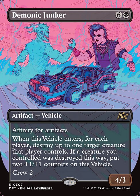 Affinity for artifacts (This spell costs {1} less to cast for each artifact you control.)
When this Vehicle enters, for each player, destroy up to one target creature that player controls. If a creature you controlled was destroyed this way, put two +1/+1 counters on this Vehicle.
Crew 2