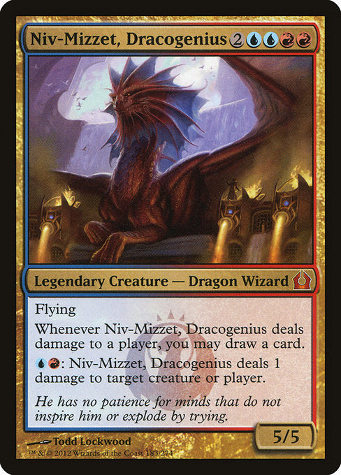 Flying
Whenever Niv-Mizzet, Dracogenius deals damage to a player, you may draw a card.
{U}{R}: Niv-Mizzet, Dracogenius deals 1 damage to any target.