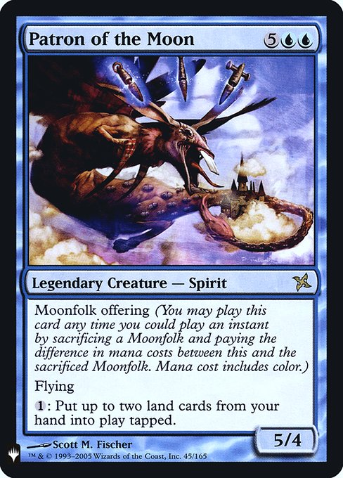Moonfolk offering (You may cast this spell any time you could cast an instant by sacrificing a Moonfolk and paying the difference in mana costs between this and the sacrificed Moonfolk. Mana cost includes color.)
Flying
{1}: Put up to two land cards from your hand onto the battlefield tapped.