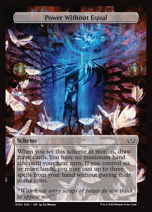 When you set this scheme in motion, draw three cards. You have no maximum hand size until your next turn. If you control six or more lands, you may cast up to three spells from your hand without paying their mana costs.