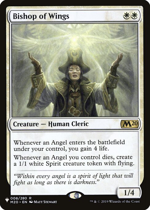 Whenever an Angel you control enters, you gain 4 life.
Whenever an Angel you control dies, create a 1/1 white Spirit creature token with flying.