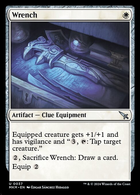 Equipped creature gets +1/+1 and has vigilance and "{3}, {T}: Tap target creature."
{2}, Sacrifice Wrench: Draw a card.
Equip {2}