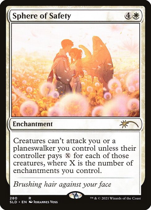 Creatures can't attack you or planeswalkers you control unless their controller pays {X} for each of those creatures, where X is the number of enchantments you control.