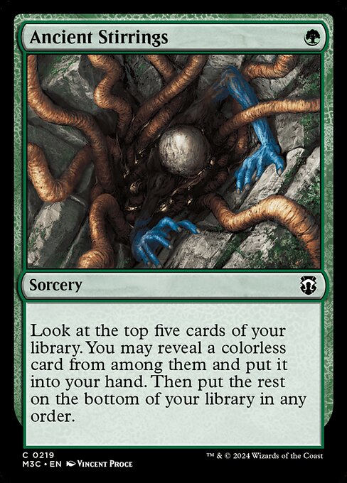 Look at the top five cards of your library. You may reveal a colorless card from among them and put it into your hand. Then put the rest on the bottom of your library in any order.