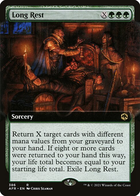Return X target cards with different mana values from your graveyard to your hand. If eight or more cards were returned to your hand this way, your life total becomes equal to your starting life total. Exile Long Rest.