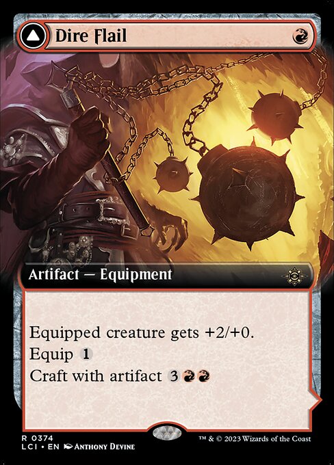 Equipped creature gets +2/+0.
Equip {1}
Craft with artifact {3}{R}{R} ({3}{R}{R}, Exile this artifact, Exile another artifact you control or an artifact card from your graveyard: Return this card transformed under its owner's control. Craft only as a sorcery.)   Equipped creature gets +3/+0 and has "Whenever this creature attacks, you may sacrifice an artifact other than Dire Blunderbuss. When you do, this creature deals damage equal to its power to target creature."
Equip {1}