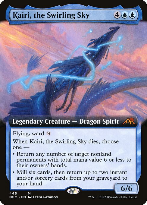 Flying, ward {3}
When Kairi, the Swirling Sky dies, choose one —
• Return any number of target nonland permanents with total mana value 6 or less to their owners' hands.
• Mill six cards, then return up to two instant and/or sorcery cards from your graveyard to your hand.